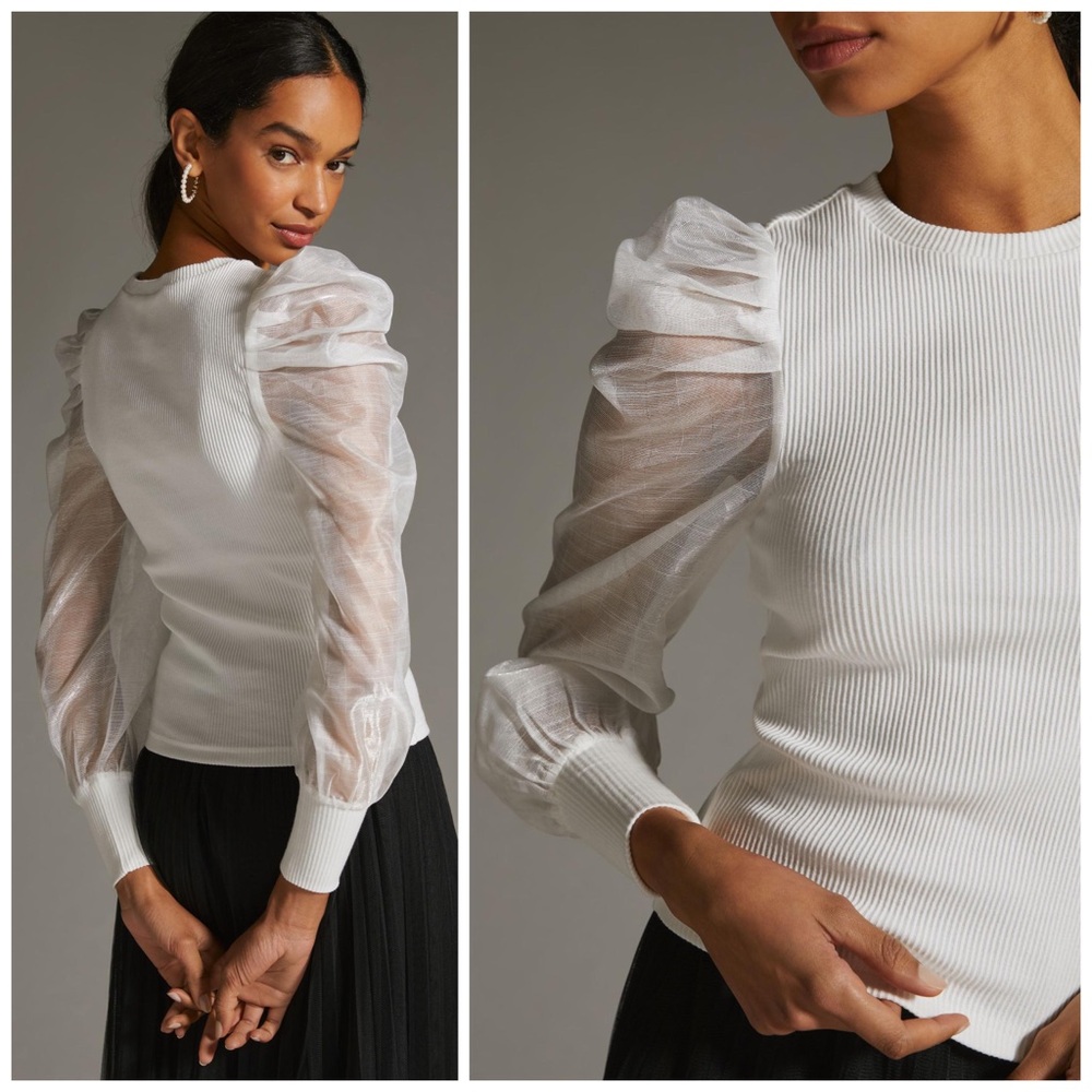 Anthropologie DOLAN Left Coast Puff-Sleeve Top Ribbed Knit Sheer Sleeve Sweater